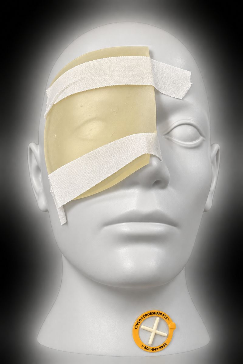 Conventional rigid bolus sheet, fixed over the eye with textile tape